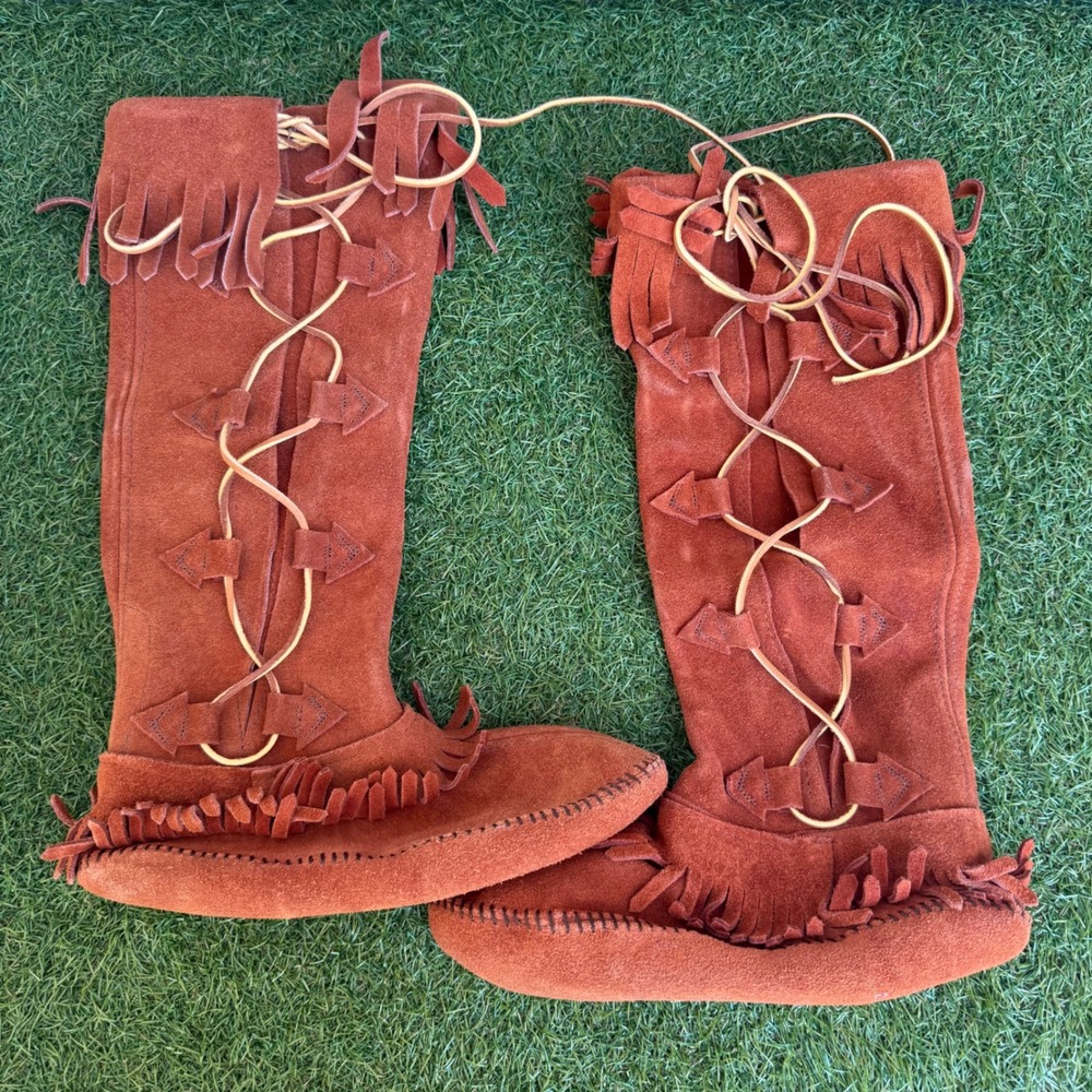 Vintage Taos Knee High Moccasin Boot Size 8 Soft sole Tall Suede Brown Coachella